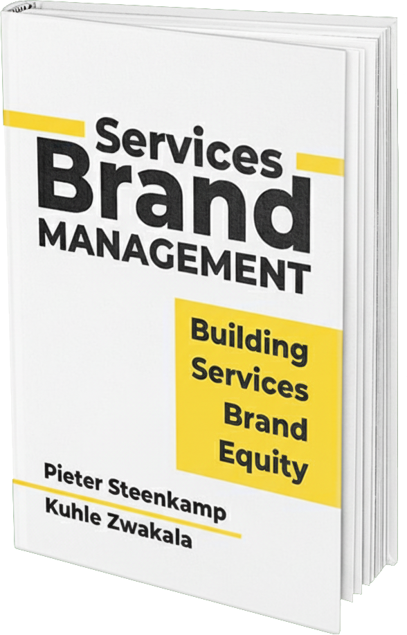 A book titled "Services Brand Management: Building Services Brand Equity" by Pieter Steenkamp and Kuhle Zwakala with a white and yellow cover.